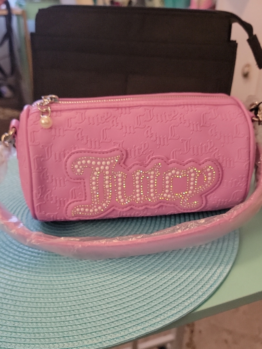 Juicy Couture Pink Embossed Logo Crossbody with Rhinestones
